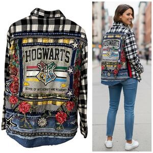 Upcycled Flannel Shirt Shacket Womens 1X Hogwarts Wizarding World Grunge Magic